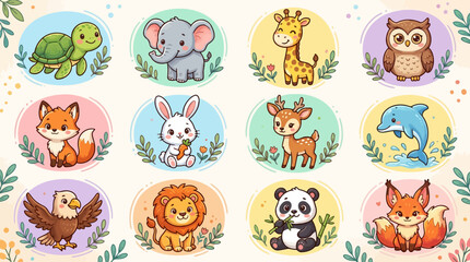 Obraz premium Set of cute cartoon animals in circular frames