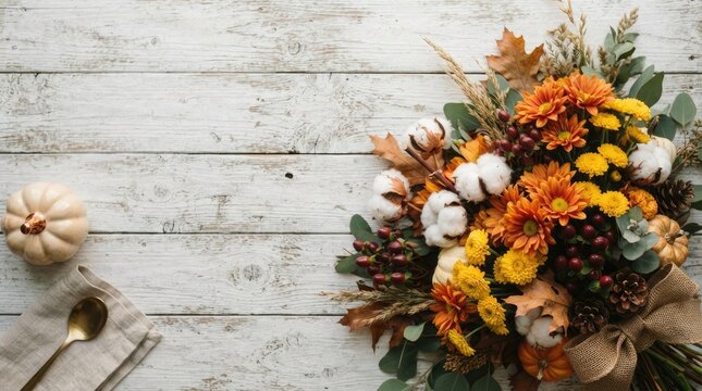 Autumn floral arrangement with vibrant orange and yellow blooms against a rustic wood background