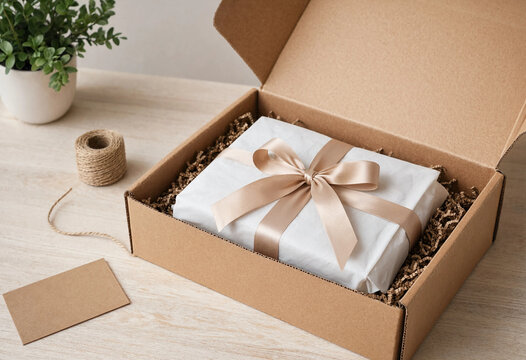 Open cardboard box with a white gift package wrapped in ribbon on a wooden table surface transparent background