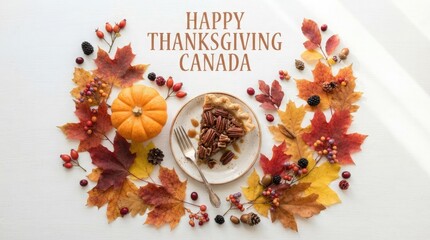 Fototapeta premium Festive canadian thanksgiving flat lay featuring autumn leaves and a pumpkin dessert