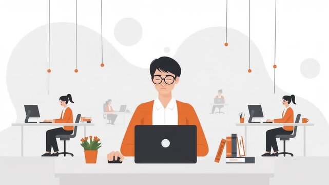 Busy office workspace with employees working on laptops, corporate teamwork and productivity concept, modern business animation scene