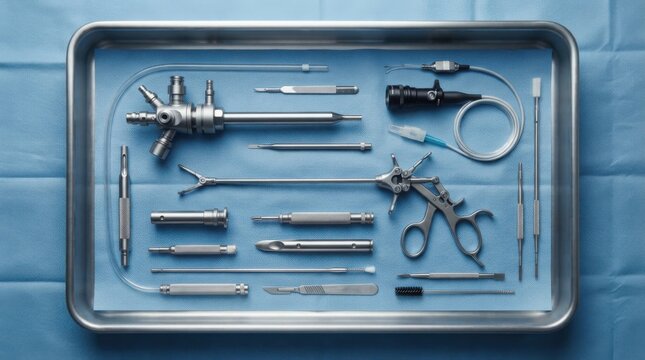 Minimally invasive surgical tools including robotic trocar, wristed grasper, endoscopic camera lens and sterile drape on steel tray.