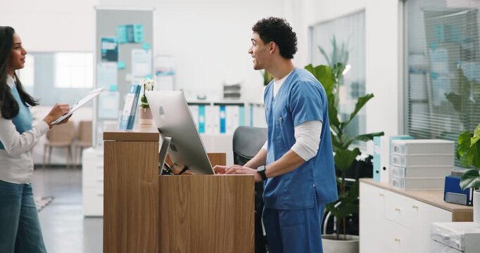 Patient, nurse and document at hospital reception with discussion, computer or ask question for help. Medical worker, people and talk at front desk with pc, consent form or assistance with insurance.