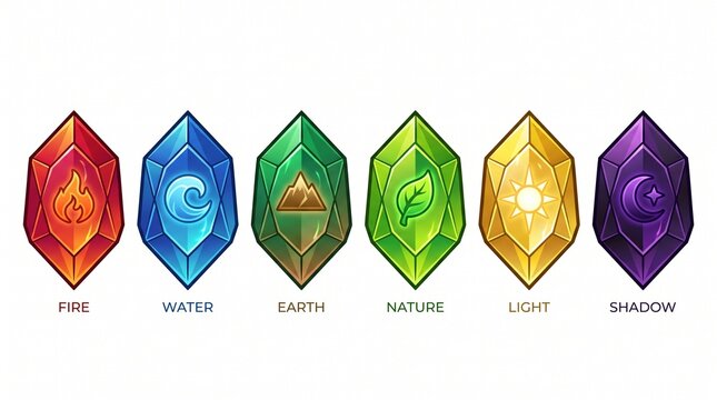 Hexagonal fantasy mana crystals representing fire, water, earth, nature, light, shadow elements