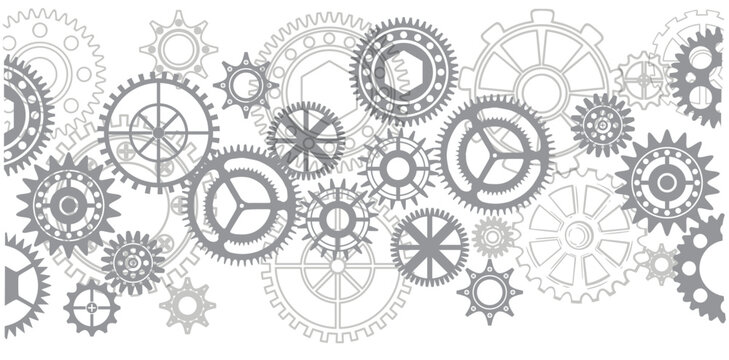 Mechanical gear border vector graphic, grey cogwheels border pattern, steampunk clockwork mechanism horizontal banner background