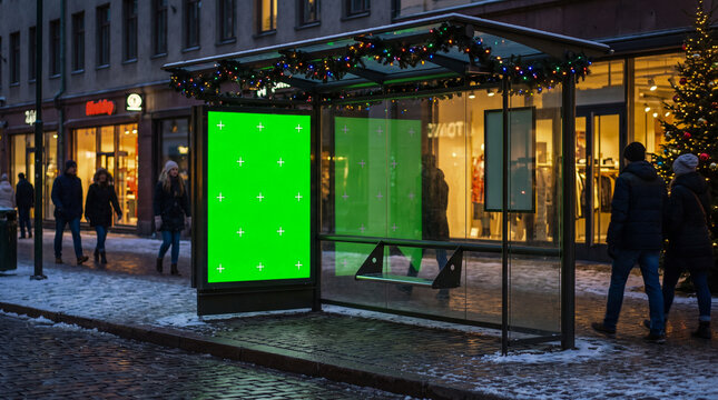 Marquesina de autob&uacute;s hiperrealista con mupi en pantalla verde y marcas de seguimiento, ubicada en una calle urbana iluminada con luces de Navidad y ambiente festivo invernal.