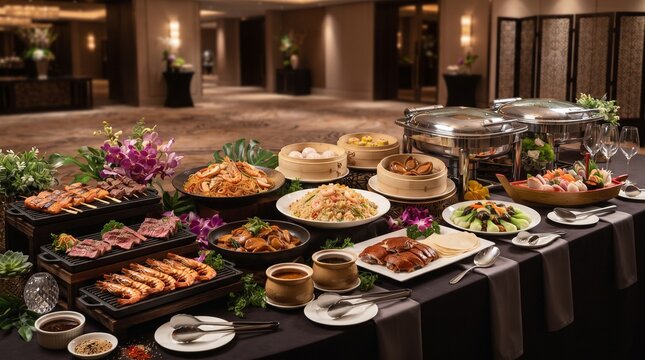 Gourmet Asian catering buffet spread with diverse dishes in hotel ballroom