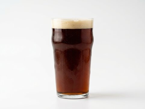 A pint glass filled with dark stout beer featuring a creamy white foam head, isolated against a solid white background.