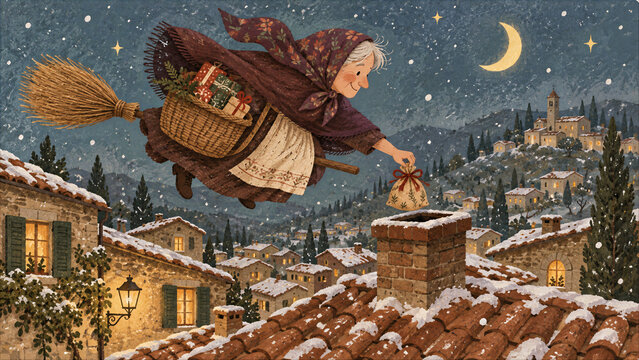 Kindly Gift Bearer Delivers Presents Above a Snowy Village