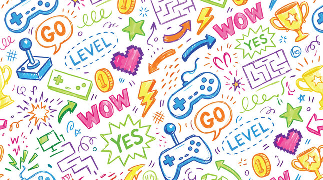 Colorful doodle video game pattern background, seamless arcade gaming seamless pattern, playful gamer icons wallpaper illustration