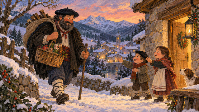 Village Gift Bearer Brings a Basket of Presents Through Snow