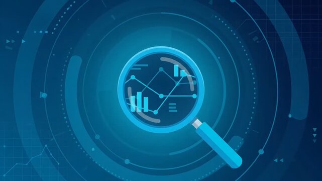 Futuristic Data Analysis Animation with Magnifying Glass and Financial Charts on Blue Digital HUD Background.
