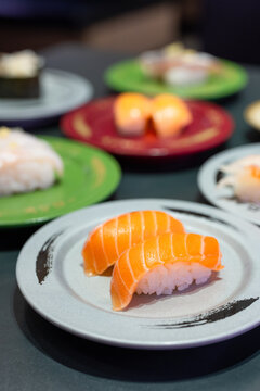 Fresh salmon nigiri sushi on plate