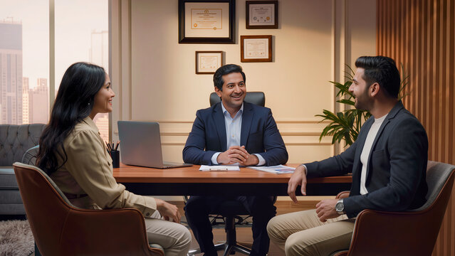Indian Financial Advisor Consulting Young Couple in Traditional Attire Inside Modern Office