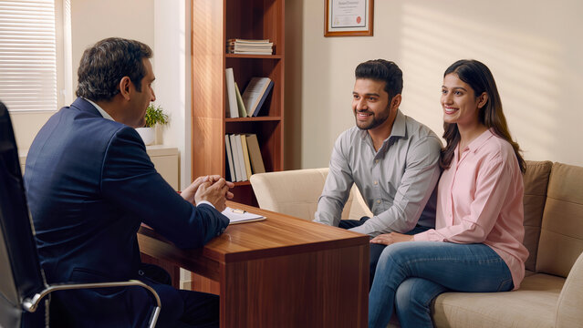 Indian Financial Advisor Consulting Young Couple in Traditional Attire Inside Modern Office