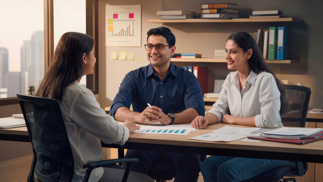Indian Financial Advisor Consulting Young Couple in Traditional Attire Inside Modern Office