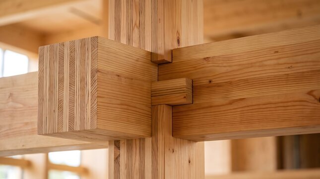 Interlocking wooden beam joint in modern mass timber construction