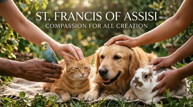 People showing compassion to various pets in a nature setting with golden retrie