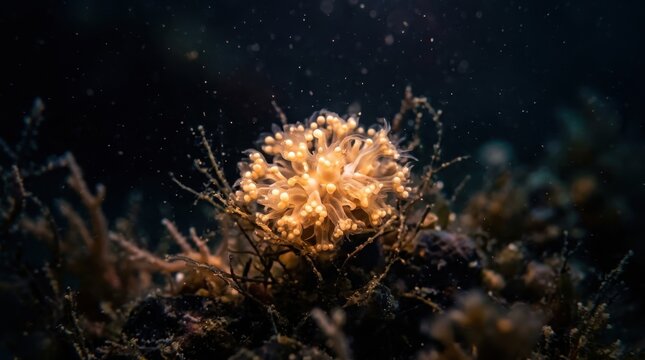 Detailed view of a glowing orange sea anemone with delicate tentacles amidst dark underwater flora