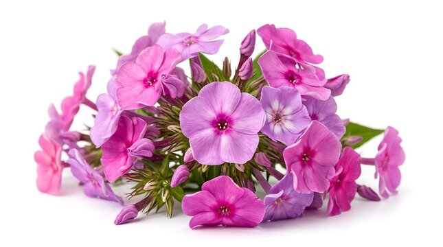 A beautiful bouquet of vibrant pink phlox flowers isolated on a white background.