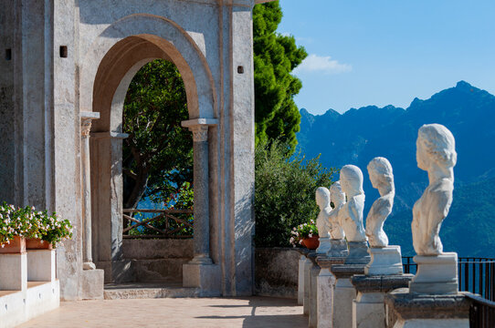 Terrace of Infinity, a beautiful belvedere with marble busts inside the iconic Villa Cimbrone, historic villa in Ravello, on the Amalfi Coast