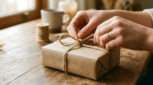 Person tying a rustic twine bow around a gift box wrapped in brown craft paper on a wooden table