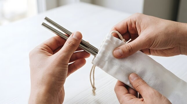 Person packing reusable metal drinking straws into a cotton pouch for zero waste lifestyle and eco-friendly travel