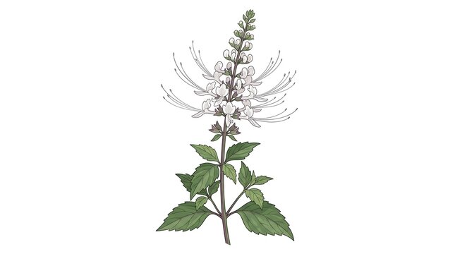 Botanical illustration of Orthosiphon aristatus Java tea plant with white flowers and green leaves.