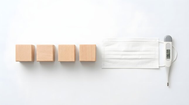 Four blank wooden cubes next to a white surgical face mask and digital thermometer isolated on white background