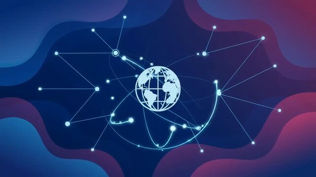 Global Digital Network Animation with Earth Globe Icon and Glowing Connection Nodes on Futuristic Blue and Purple Wave Background.