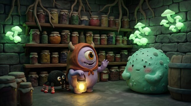Clay creature and spider meet a shy mold blob in the cellar