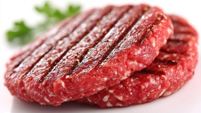 Raw beef patties closeup on plain white background, two round thick patties, minced meat fat texture, foreground cross hatch grid pattern, background vertical ridge angled,