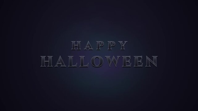 Cinematic 4K 6-second seamless loop of a heavy carved dark stone obsidian typography title 'HAPPY HALLOWEEN'. A spooky bat swoops in with fluid wing kinematics and wingtip vortices, delivering an impa