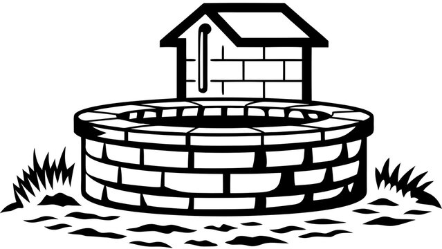 Old brick water well in a grassy field illustration