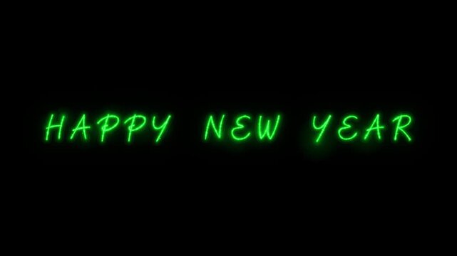 Illuminated green neon script text reads happy new year displayed against a dark background