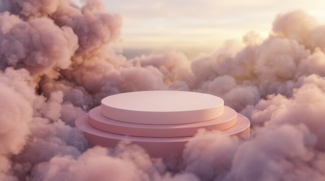 Podium pedestal display stage surrounded by fluffy pink clouds under soft sunset sky for product presentation mockup