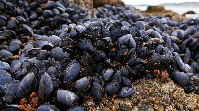 Wild mussels on rocky coastline.
