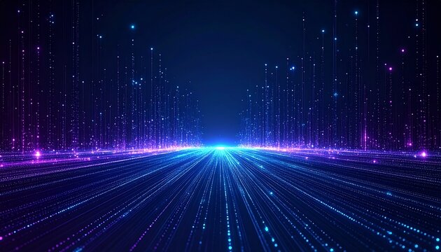 人工知能の高速データ処理と地平線に続く光のストリームを表現した抽象的で未来的なデジタル背景素材