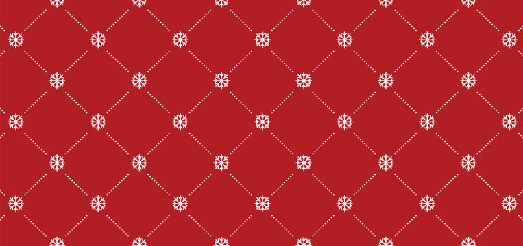 Classic red seamless Christmas pattern with white snowflakes arranged in a dotted diamond grid. Elegant winter vector background for holiday promotional materials, wrapping paper, and banners.