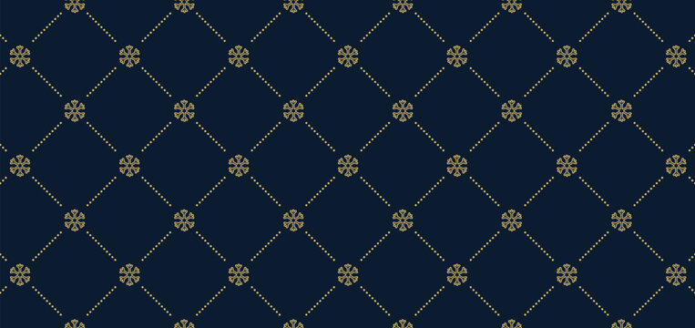 Elegant seamless winter pattern featuring luxury gold snowflakes connected by a dotted diamond grid on a deep navy blue background. Ideal for premium Christmas wrapping paper and holiday decor.
