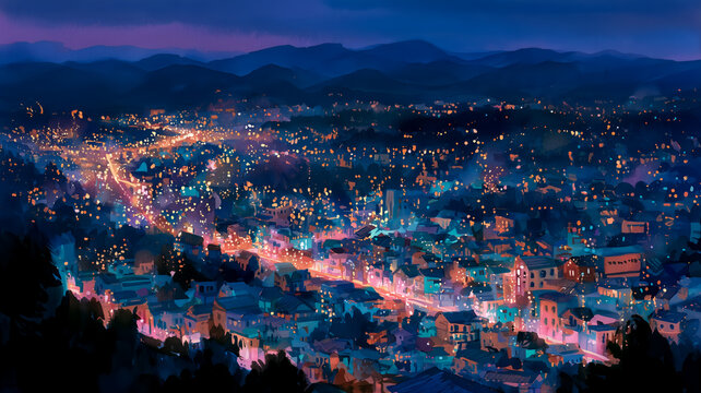 山の上から眺める日本の住宅街とカラフルな夜景の水彩イラスト