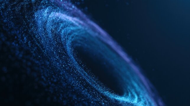 Abstract swirling vortex of blue and purple glowing particles in dark space