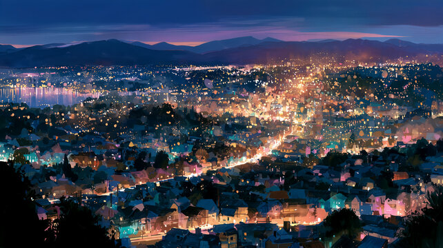 山の上から眺める日本の住宅街とカラフルな夜景の水彩イラスト