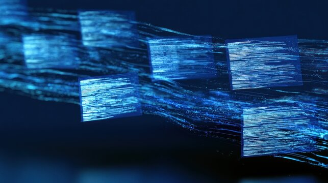 Abstract blue digital stream of data squares flowing through digital space