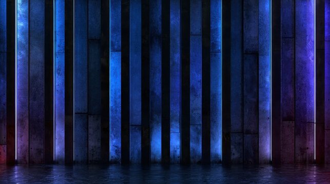 Abstract vertical concrete panels with vibrant blue and purple neon lighting