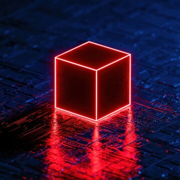 Futuristic neon red cube glowing on a dark digital circuit board with blue and red lights