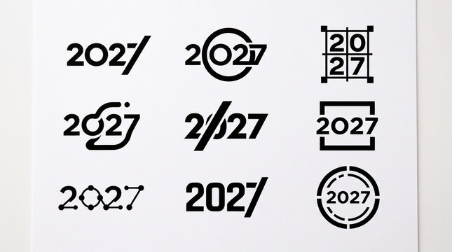 A collection of nine creative black and white logo designs featuring the year 2027 in various modern minimalist and geometric typography styles for branding projects