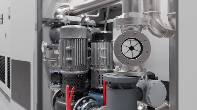 AI Data center coolant distribution unit open, pumps, sight glass, 3D render
