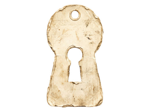 Old brass keyhole lock on a wooden door isolated on white background