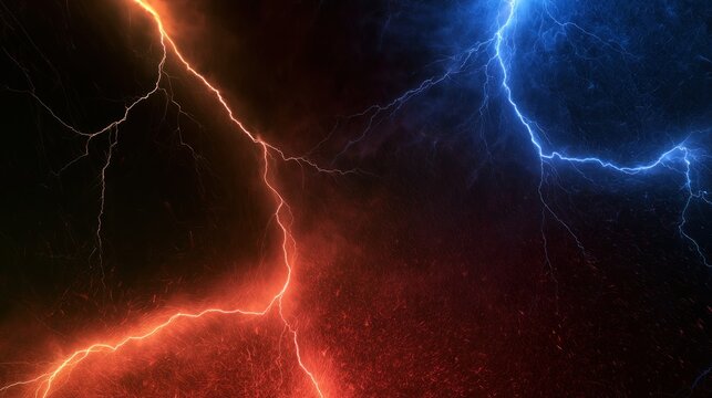 Dramatic clash of red and blue lightning bolts against a dark background